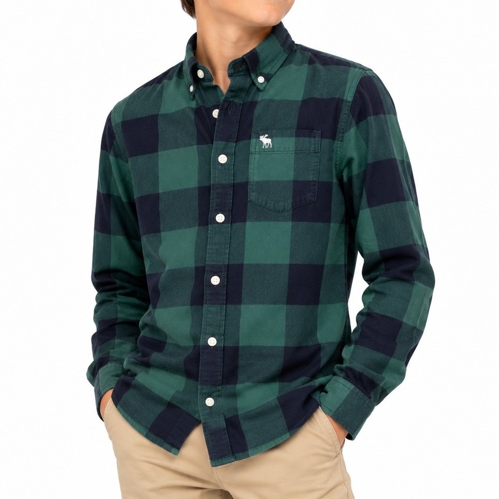Abercrombie Kids Boys Green Navy Plaid Shirt 13/14 Button Down Preppy Fall